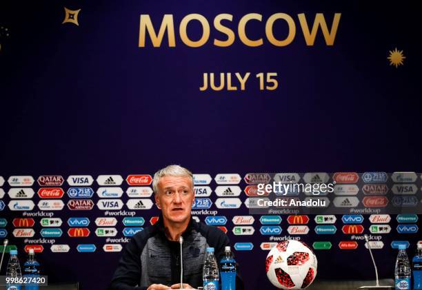 Head coach Didier Deschamps of France speaks during team France press conference ahead of the final match of the 2018 FIFA World Cup between France...