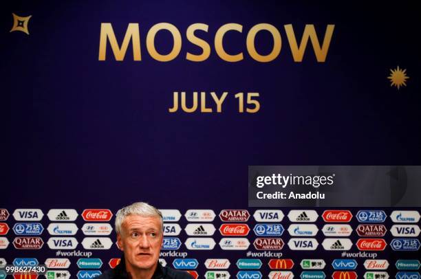 Head coach Didier Deschamps of France speaks during team France press conference ahead of the final match of the 2018 FIFA World Cup between France...