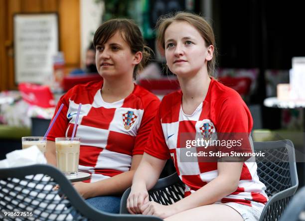 Women's dressed in the colors of the Croatian coat of arms watching the match for the third place between England and Belgium on July 14, 2018 in...