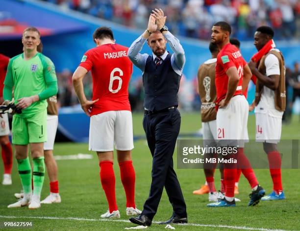 England head coach Gareth Southgate greets the fans after the 2018 FIFA World Cup Russia 3rd Place Playoff match between Belgium and England at Saint...