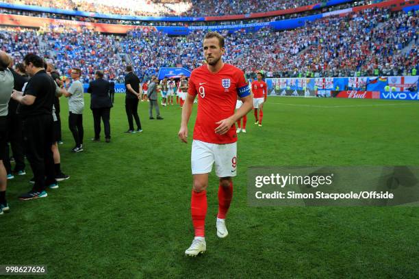 Harry Kane of England walks off the pitch after the 2018 FIFA World Cup Russia 3rd Place Playoff match between Belgium and England at Saint...