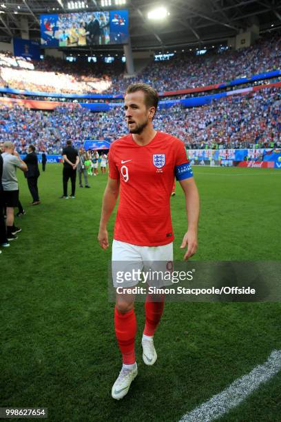 Harry Kane of England walks off the pitch after the 2018 FIFA World Cup Russia 3rd Place Playoff match between Belgium and England at Saint...