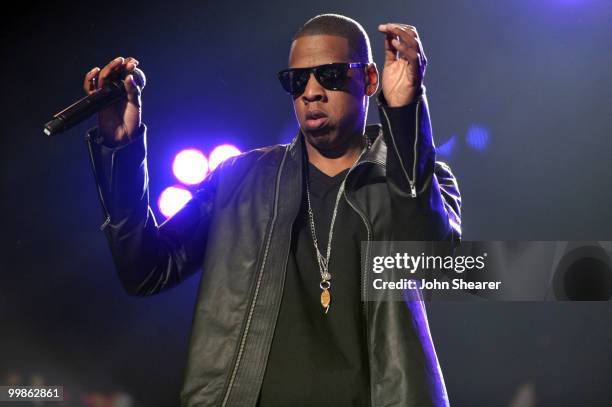 Rapper Jay-Z performs during Day 1 of the Coachella Valley Music & Art Festival 2010 held at the Empire Polo Club on April 16, 2010 in Indio,...