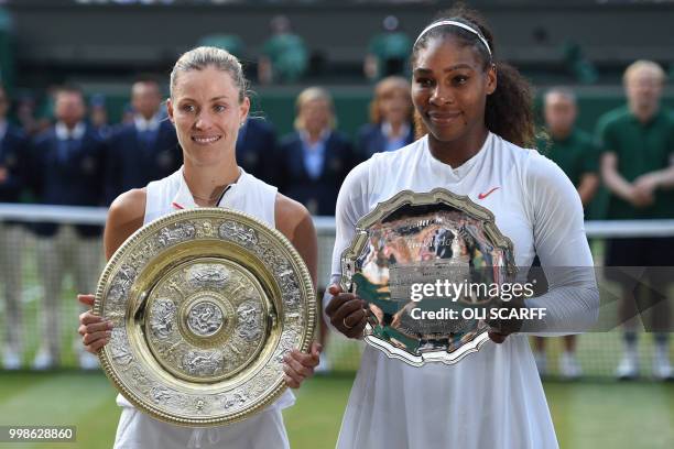 Germany's Angelique Kerber holds the winner's trophy, the Venus Rosewater Dish, after her women's singles final victory over US player Serena...