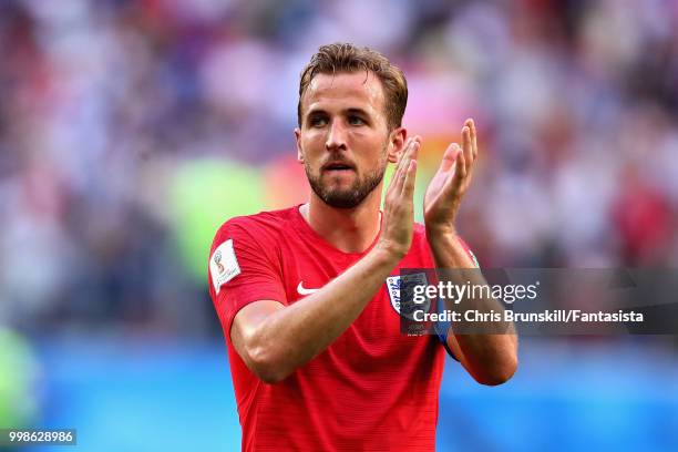 Harry Kane of England applauds the crowd after the 2018 FIFA World Cup Russia 3rd Place Playoff match between Belgium and England at Saint Petersburg...