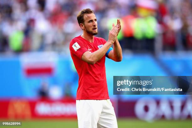 Harry Kane of England applauds the crowd after the 2018 FIFA World Cup Russia 3rd Place Playoff match between Belgium and England at Saint Petersburg...