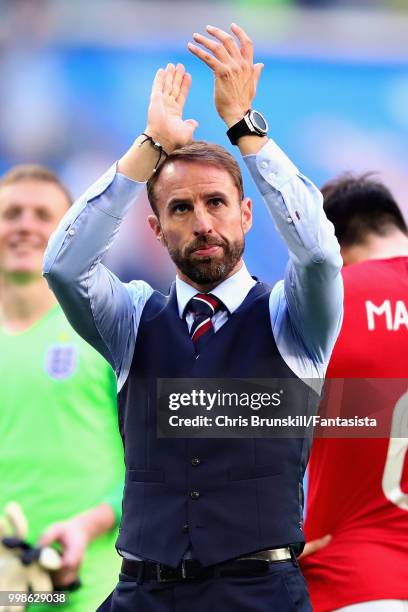 Head Coach of England Gareth Southgate applauds the crowd after the 2018 FIFA World Cup Russia 3rd Place Playoff match between Belgium and England at...