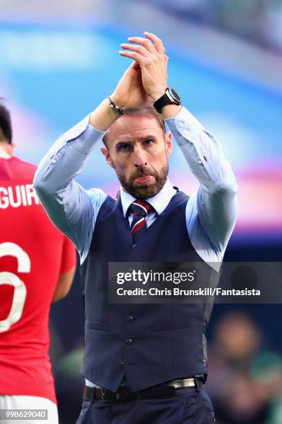 Head Coach of England Gareth Southgate applauds the crowd after the 2018 FIFA World Cup Russia 3rd Place Playoff match between Belgium and England at...