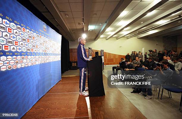 French national football team coach Raymond Domenech gives a press conference in Tignes, French Alps on May 18, 2010. The team will be starting in...