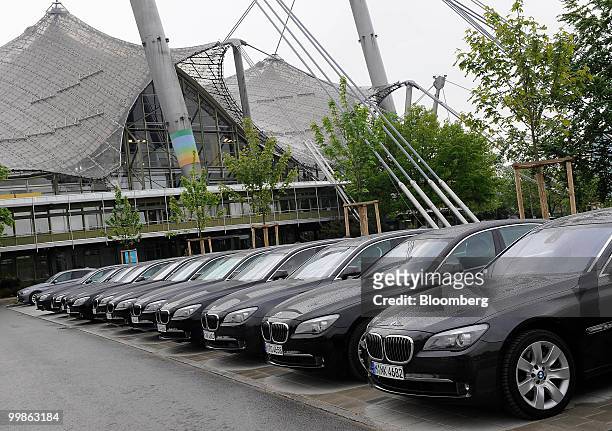 Series cars are seen at the Bayerische Motorenwerke shareholders' meeting, in Munich, Germany, on Tuesday, May 18, 2010. Bayerische Motoren Werke AG,...