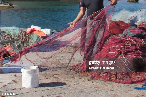 fishing boat unloading net - net fishing stock pictures, royalty-free photos & images