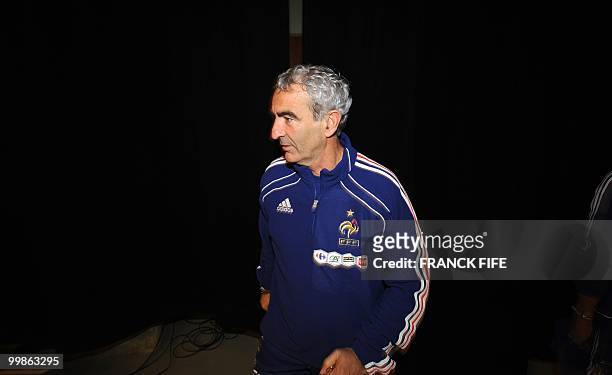 French national football team coach Raymond Domenech arrives to attend a press conference in Tignes, French Alps on May 18, 2010. The team will be...