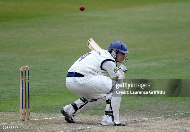 James Adams of Hampshire avoids a bouncer from Charlie Shreck of Nottinghamshire during the LV County Championship match between Nottinghamshire and...