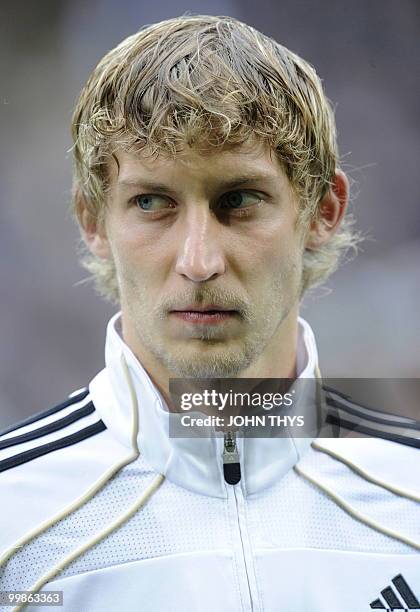 Germany's striker Stefan Kiessling listens to the national anthems ahead of the friendly football match Germany vs Malta in the western German city...