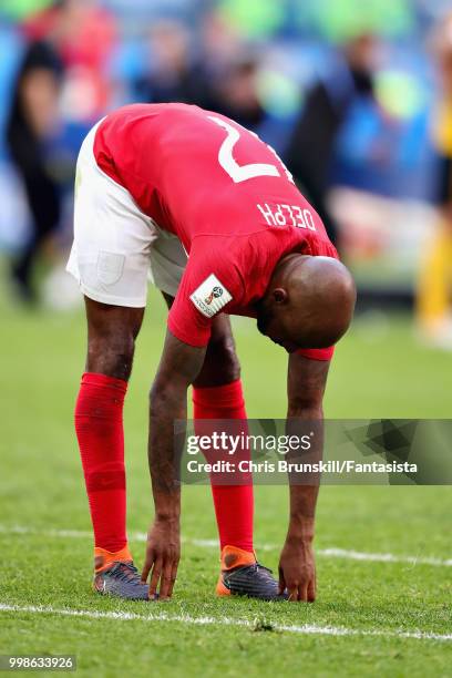 Fabian Delph of England stretches after the 2018 FIFA World Cup Russia 3rd Place Playoff match between Belgium and England at Saint Petersburg...