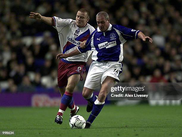 Paul Gascoigne of Everton holds off a challenge from Simon Rodger of Crystal Palace during the Worthington Cup, Second Round match between Everton...