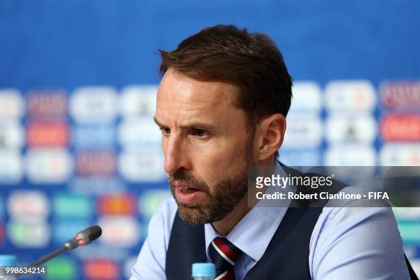 Gareth Southgate, Manager of England speaks to media during the post match press conference following the 2018 FIFA World Cup Russia 3rd Place...