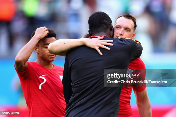 Romelu Lukaku of Belgium hugs Phil Jones of England after the 2018 FIFA World Cup Russia 3rd Place Playoff match between Belgium and England at Saint...