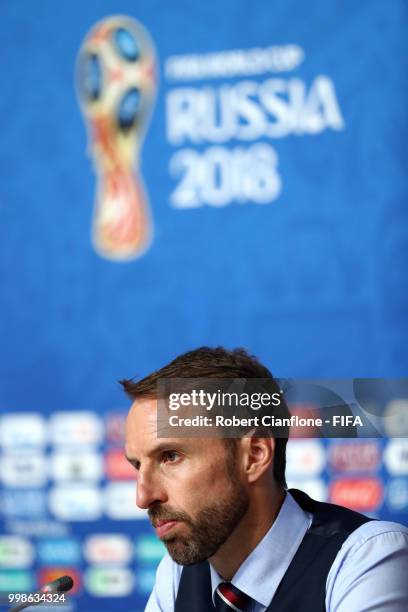 Gareth Southgate, Manager of England speaks to media during the post match press conference following the 2018 FIFA World Cup Russia 3rd Place...