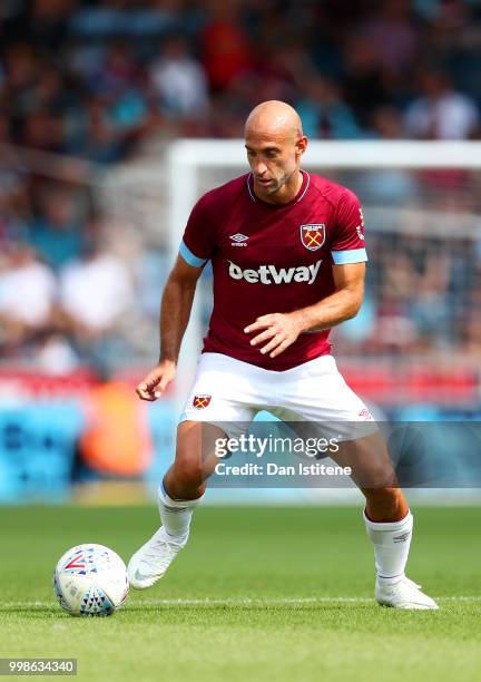 Pablo Zabaleta of West Ham runs with the ball during the pre-season friendly match between Wycombe Wanderers and West Ham United at Adams Park on...