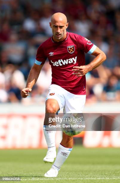 Pablo Zabaleta of West Ham runs with the ball during the pre-season friendly match between Wycombe Wanderers and West Ham United at Adams Park on...