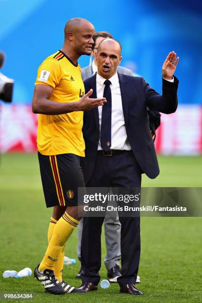 Head Coach of Belgium Roberto Martinez talks with Vincent Kompany of Belgium after the 2018 FIFA World Cup Russia 3rd Place Playoff match between...