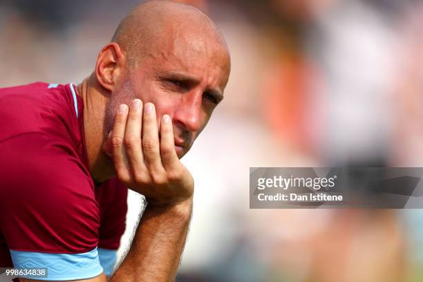 Pablo Zabaleta of West Ham looks on during the pre-season friendly match between Wycombe Wanderers and West Ham United at Adams Park on July 14, 2018...