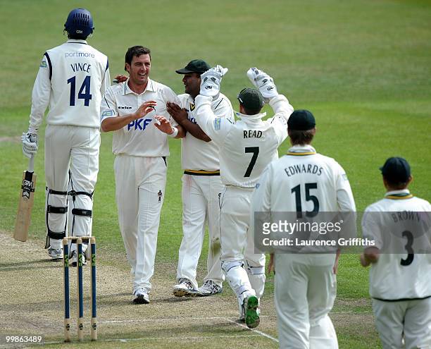 Paul Franks of Nottinghamshire celebrates the wicket of James Vince of Hampshire during the LV County Championship match between Nottinghamshire and...