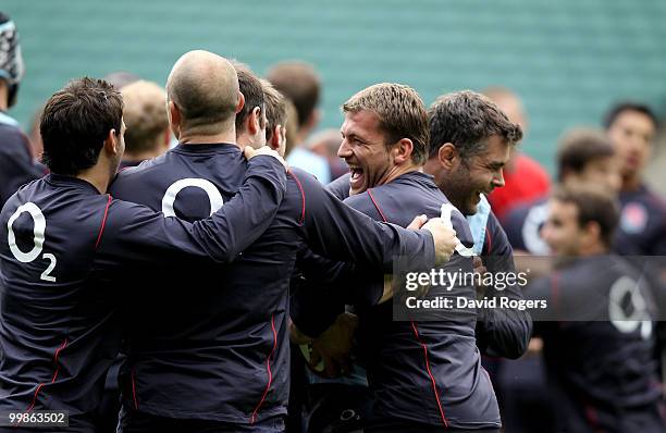 Mark Cueto, smiles during an England training session held at Twickenham on May 18, 2010 in Twickenham, England.