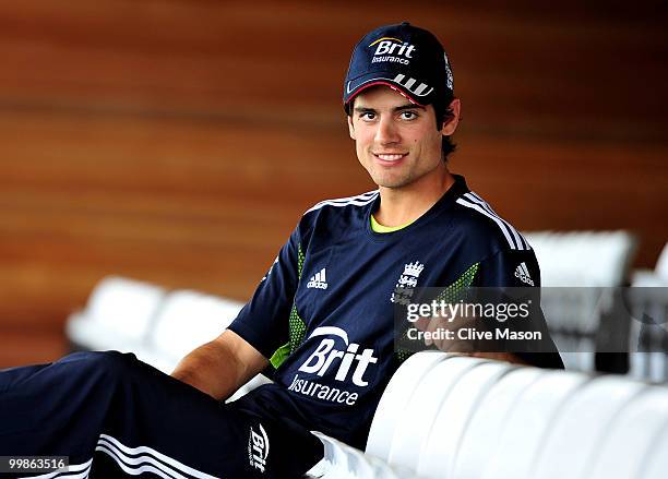 Alastair Cook of England poses for photographs after a press conference ahead of a net session at The County Ground on May 18, 2010 in Derby, England.