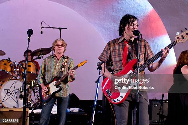 Jody Stephens of Big Star, Mike Mills of REM and Ken Stringfellow of The Posies perform on stage at the tribute to Alex Chilton at Levitt Shell at...