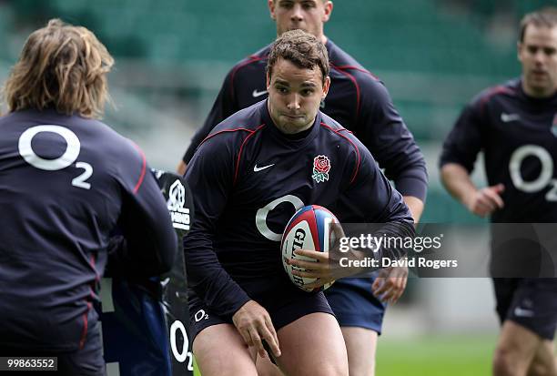 Olly Barkley runs with the ball during an England training session held at Twickenham on May 18, 2010 in Twickenham, England.