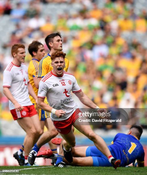 Dublin , Ireland - 14 July 2018; Conor Myler of Tyrone celebrates after scoring his side's second goal during the GAA Football All-Ireland Senior...