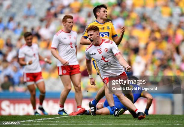 Dublin , Ireland - 14 July 2018; Conor Myler of Tyrone celebrates after scoring his side's second goal during the GAA Football All-Ireland Senior...