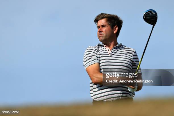Robert Rock of England takes his tee shot on hole six during day three of the Aberdeen Standard Investments Scottish Open at Gullane Golf Course on...