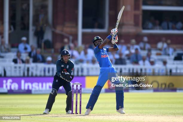 Hardik Pandya of India bats during the 2nd ODI Royal London One-Day match between England and India at Lord's Cricket Ground on July 14, 2018 in...