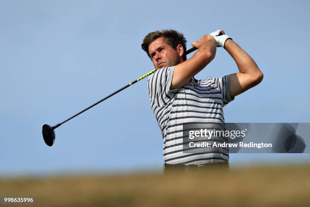 Robert Rock of England takes his tee shot on hole six during day three of the Aberdeen Standard Investments Scottish Open at Gullane Golf Course on...