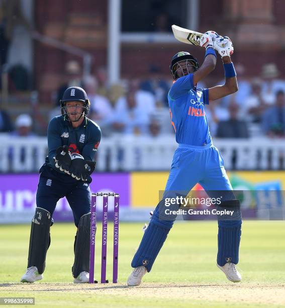 Hardik Pandya of India bats during the 2nd ODI Royal London One-Day match between England and India at Lord's Cricket Ground on July 14, 2018 in...