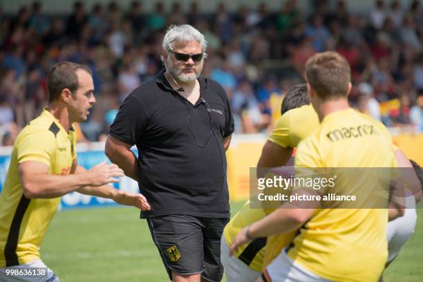 July 2018, Germany, Heidelberg: Qualifier for the Rugby World Cup 2019 in Japan between Deutschland and Samoa. Coach Pablo Lemoine pictured during...