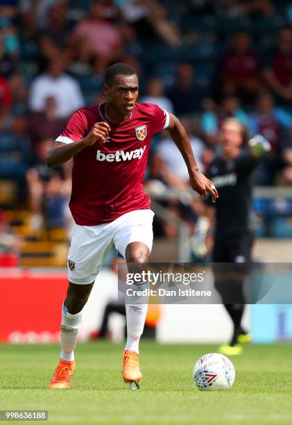 Issa Diop of West Ham runs with the ball during the pre-season friendly match between Wycombe Wanderers and West Ham United at Adams Park on July 14,...