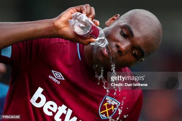 Angelo Ogbonna of West Ham drinks during the pre-season friendly match between Wycombe Wanderers and West Ham United at Adams Park on July 14, 2018...
