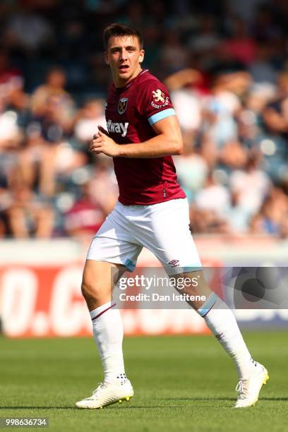 Jordan Hugill of West Ham runs during the pre-season friendly match between Wycombe Wanderers and West Ham United at Adams Park on July 14, 2018 in...