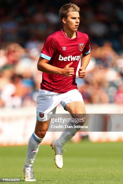 Martin Samuelsen of West Ham runs during the pre-season friendly match between Wycombe Wanderers and West Ham United at Adams Park on July 14, 2018...