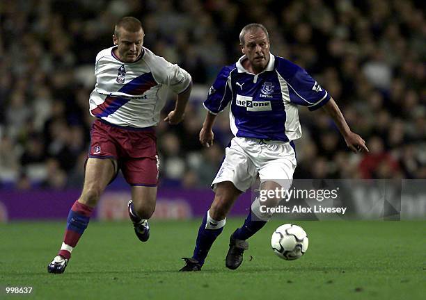 Paul Gascoigne of Everton holds off a challenge from Simon Rodger of Crystal Palace during the Worthington Cup, Second Round match between Everton...