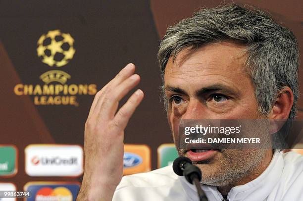 Inter Milan's Portuguese coach Jose Mourinho speaks during a press conference at the Inter Milan training center in Appiano Gentille on May 18, 2010....