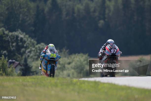Xavi Vierge of Spain and Dynavolt Intact GP leads Joan Mir of Spain and EG 0,0 Marc VDS during the qualifying practice during the MotoGp of Germany -...