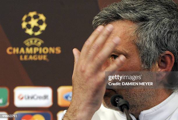 Inter Milan's Portuguese coach Jose Mourinho listens to questions during a press conference at the Inter Milan training center in Appiano Gentille on...