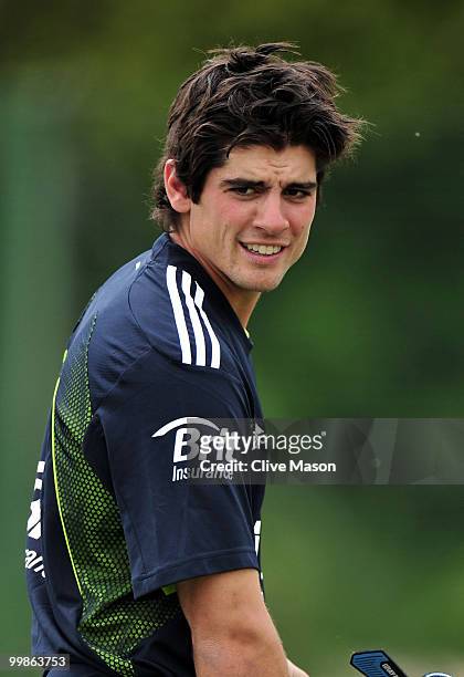 Alastair Cook of England Lions in action during a net session at The County Ground on May 18, 2010 in Derby, England.