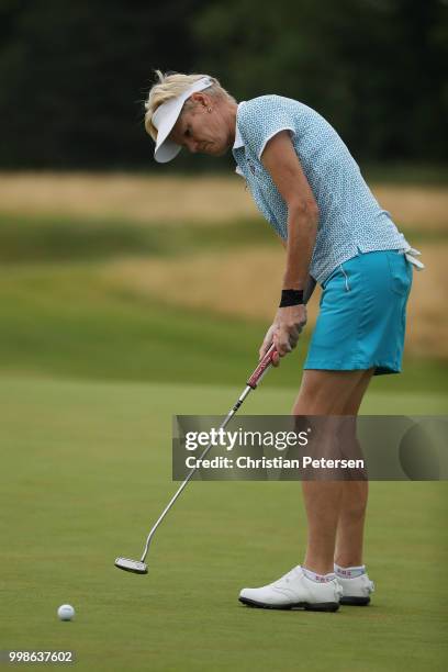 Trish Johnson of England putts on the second green during the third round of the U.S. Senior Women's Open at Chicago Golf Club on July 14, 2018 in...