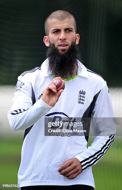 Moeen Ali of England Lions in action during a net session at The County Ground on May 18, 2010 in Derby, England.